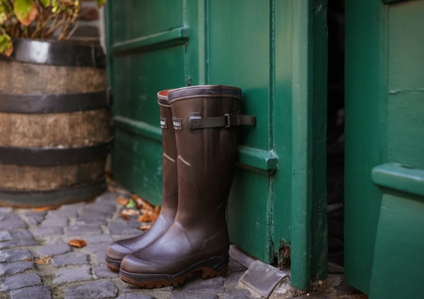 Aigle Parcours Women Gummistiefel auf einem Steg vor Sonnenuntergang